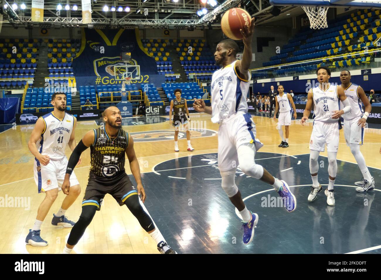 Levallois, Hauts de Seine, France. 1st May, 2021. LAHAOU KONATE shooting  guard of Boulogne-Levallois in action during the French Basketball  championship Jeep Elite between Boulogne-Levallois and Chalons-Reims at  Marcel Cerdan stadium -