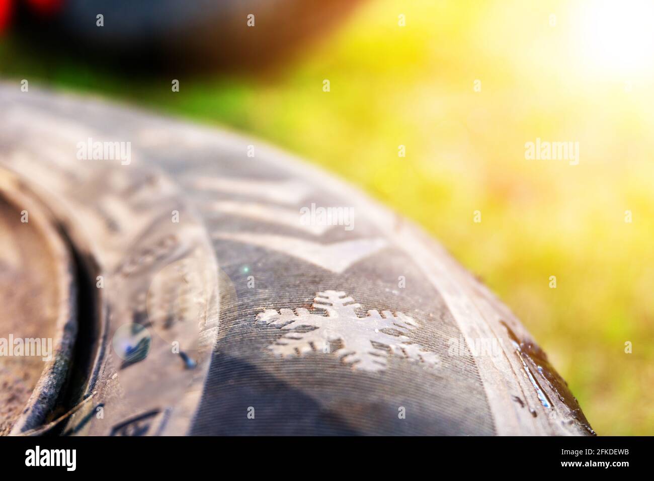 Winter tires close up. Self replacement of winter tires on a car with