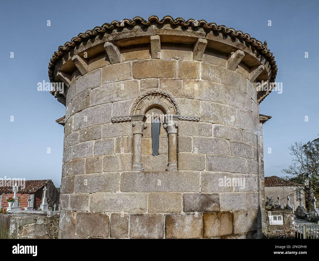 The round apse of an old 12th century church at the camino de Santiago, San Julian do Camino, Spain, July 23, 2010 Stock Photo