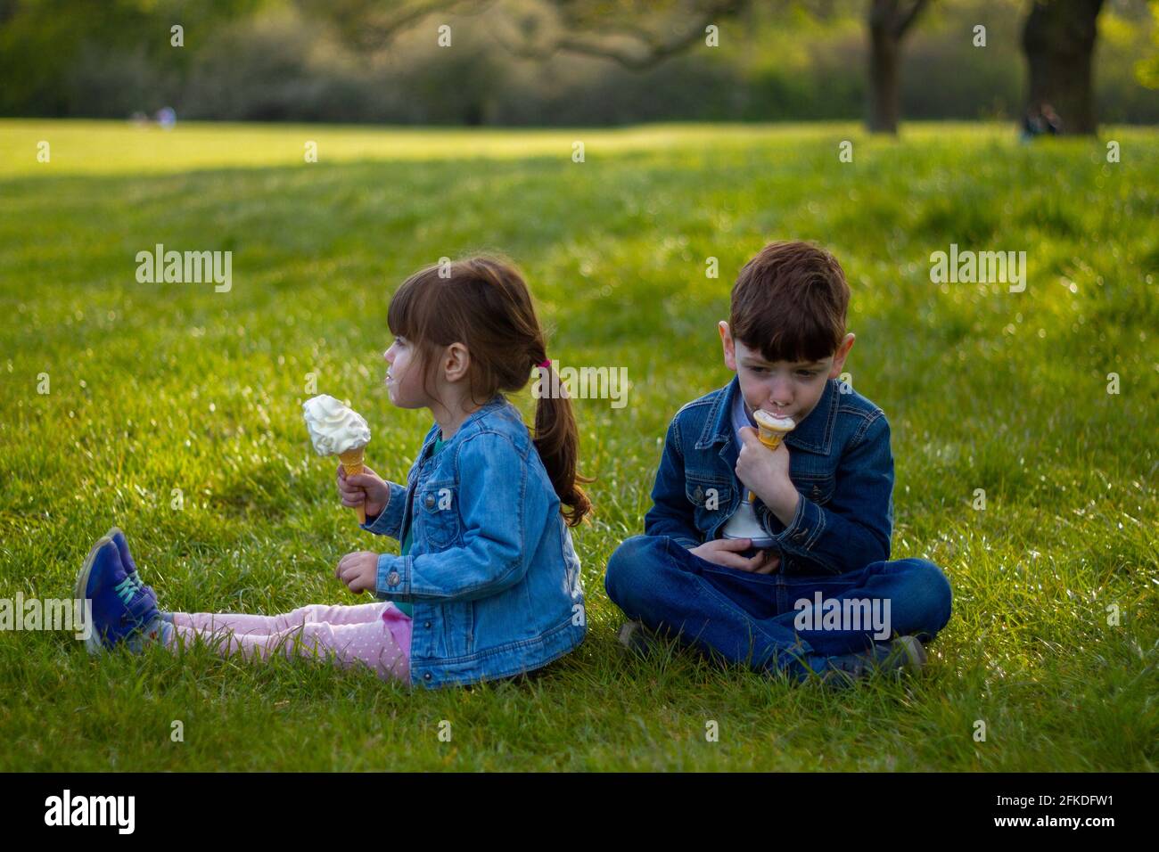 Portrait of a cute boy and a girl wearing blue jackets sitting on a lawn on a sunny day eating ice cream Stock Photo