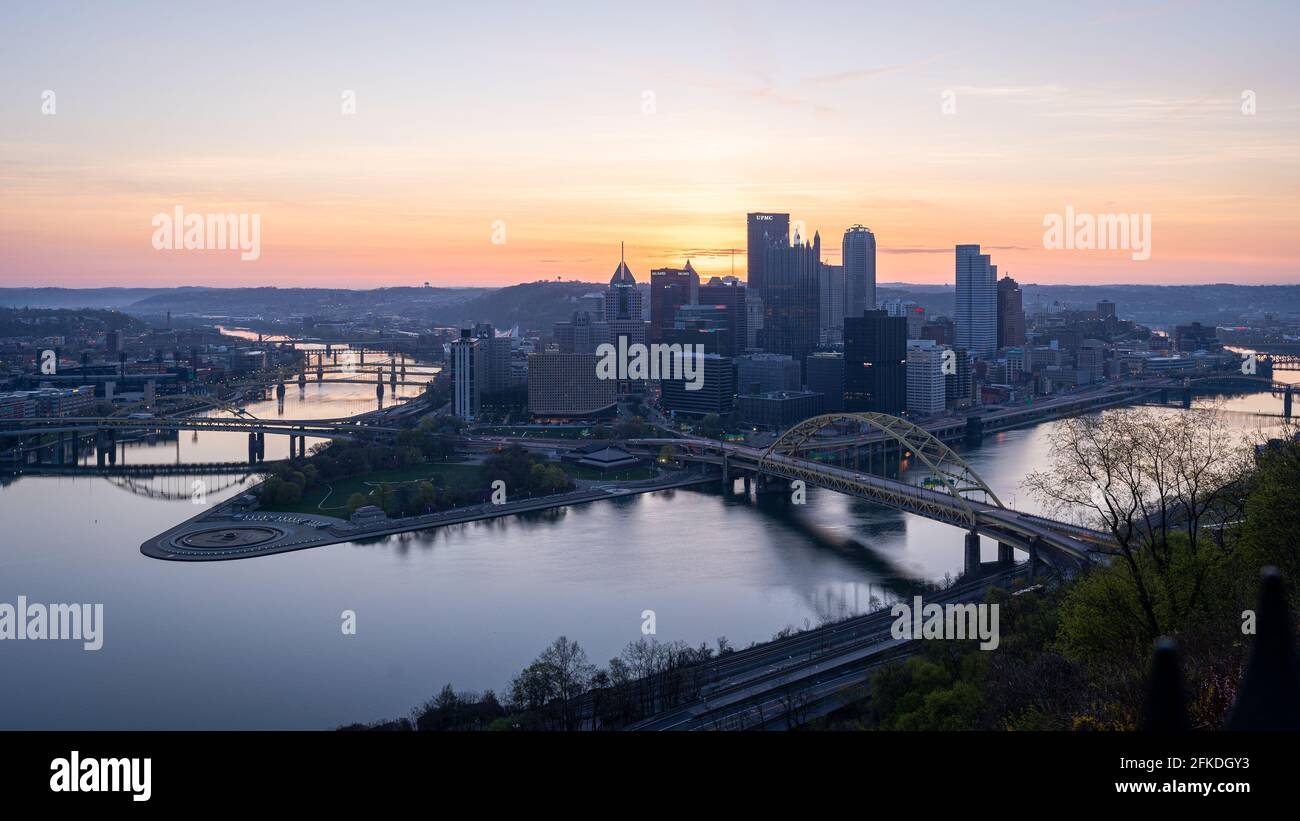 Downtown Pittsburgh from The Duquesne Incline at Sunrise Stock Photo