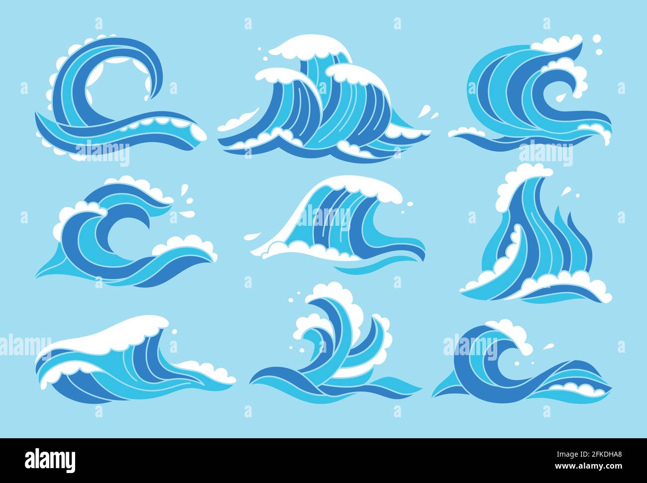 Sea waves blue set. Ocean water wave hand drawn aqua design element. Sketch  marine symbol, surfing