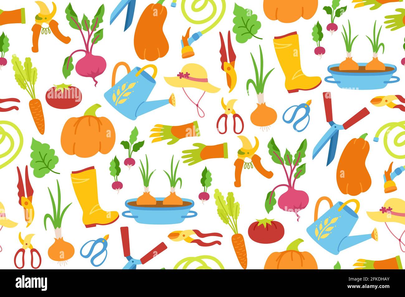 Gardening tools seamless pattern. Watering can, vegetable and rubber ...