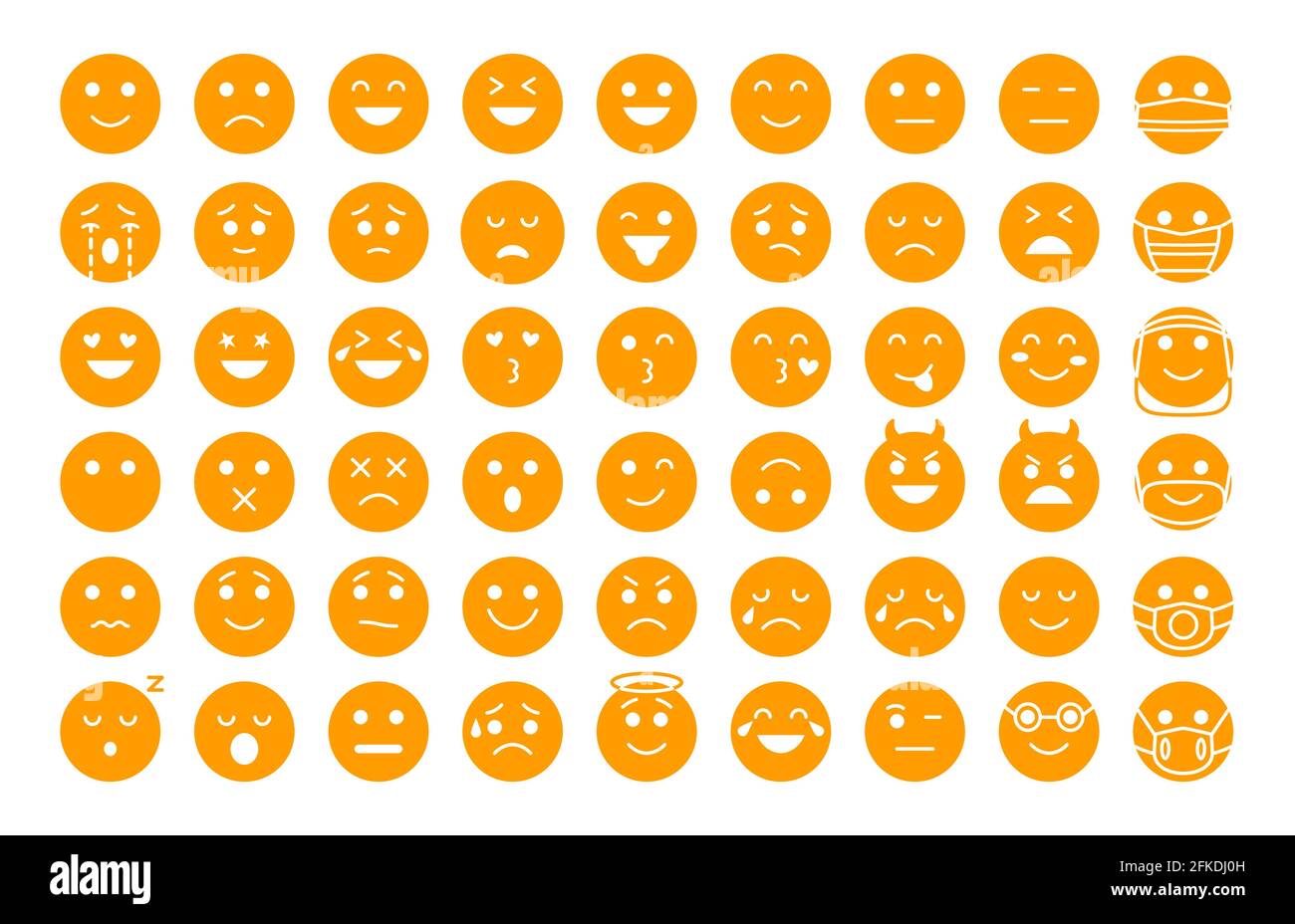 Emoji face yellow silhouette icons set. Different type emoticon smile template collection. Mood or facial emotion sign. Faces expressing laugh, angry. Emoticons in mask Isolated vector illustration Stock Vector
