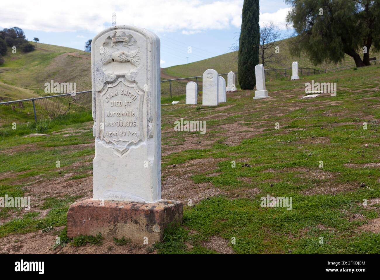 A headstone at the Rose Hill Cemetery between the abandoned mining towns of Somersville and