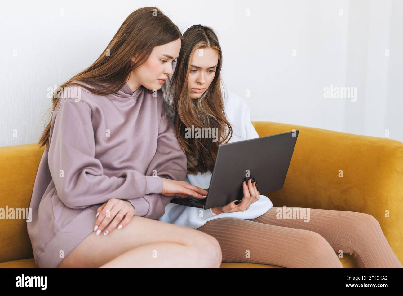 Young women sisters twins teenagers in hoodie beautiful girls using ...