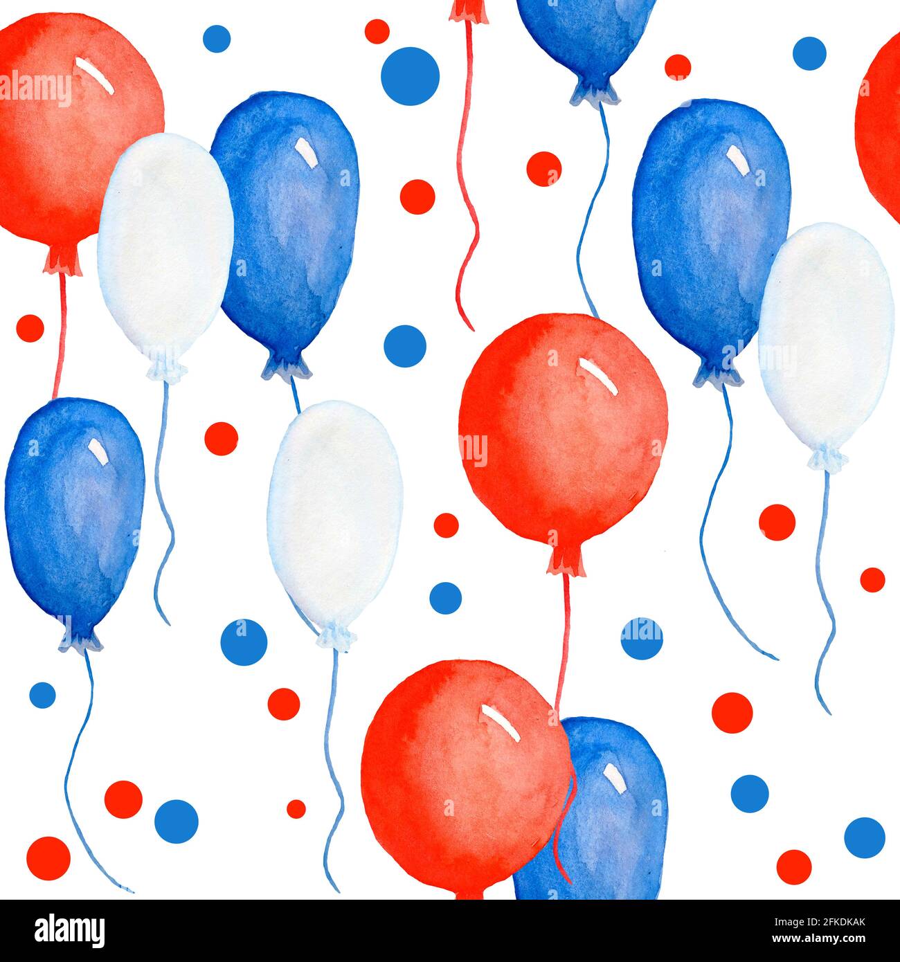 Watercolor seamless hand drawn pattern for US Independence day 4th fourth of July patriotic background print, balloons. Red blue white colors stripes stars design, celebration summer party Stock Photo