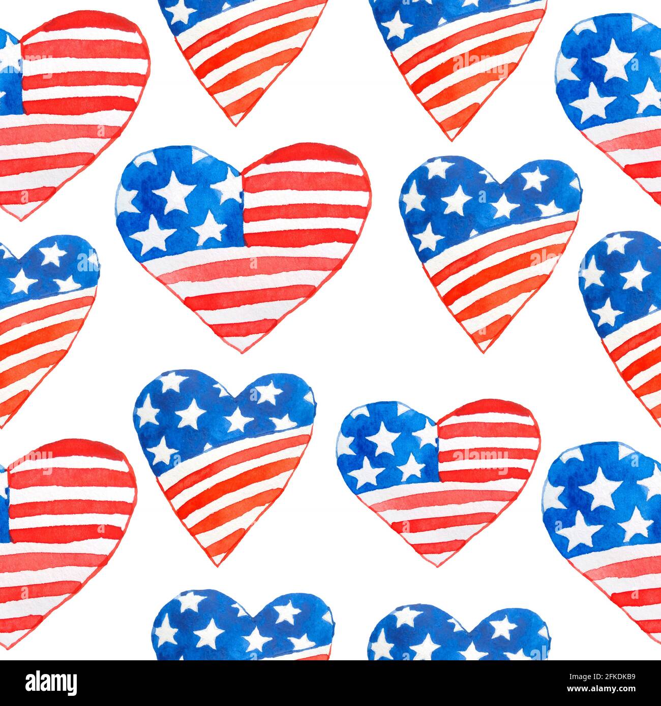 Watercolor seamless hand drawn pattern for US Independence day 4th fourth of July patriotic background hearts love print. Red blue white colors stripes stars design, celebration summer party Stock Photo