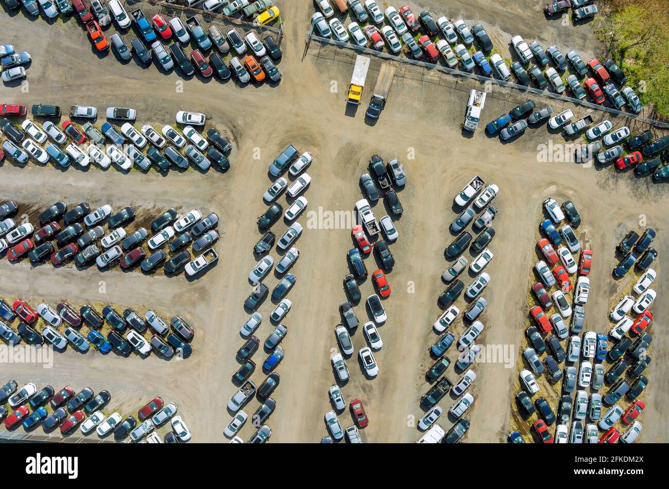 Aerial top view of used car auction for sale a parking lot business