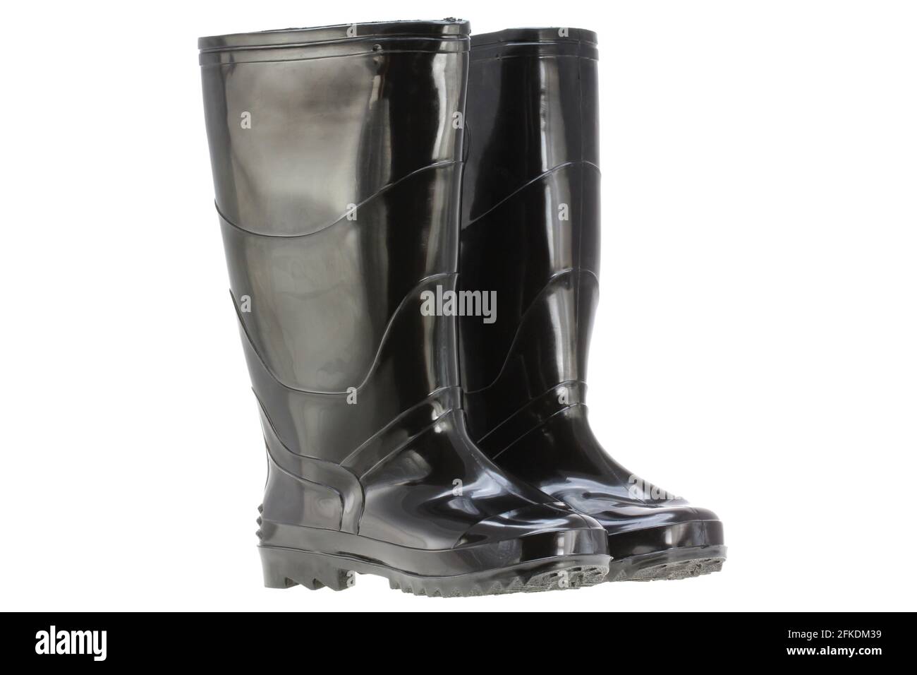 A pair of Black Rain boots (Rubber boots), made of Elastic PVC/ Plastic Stock Photo