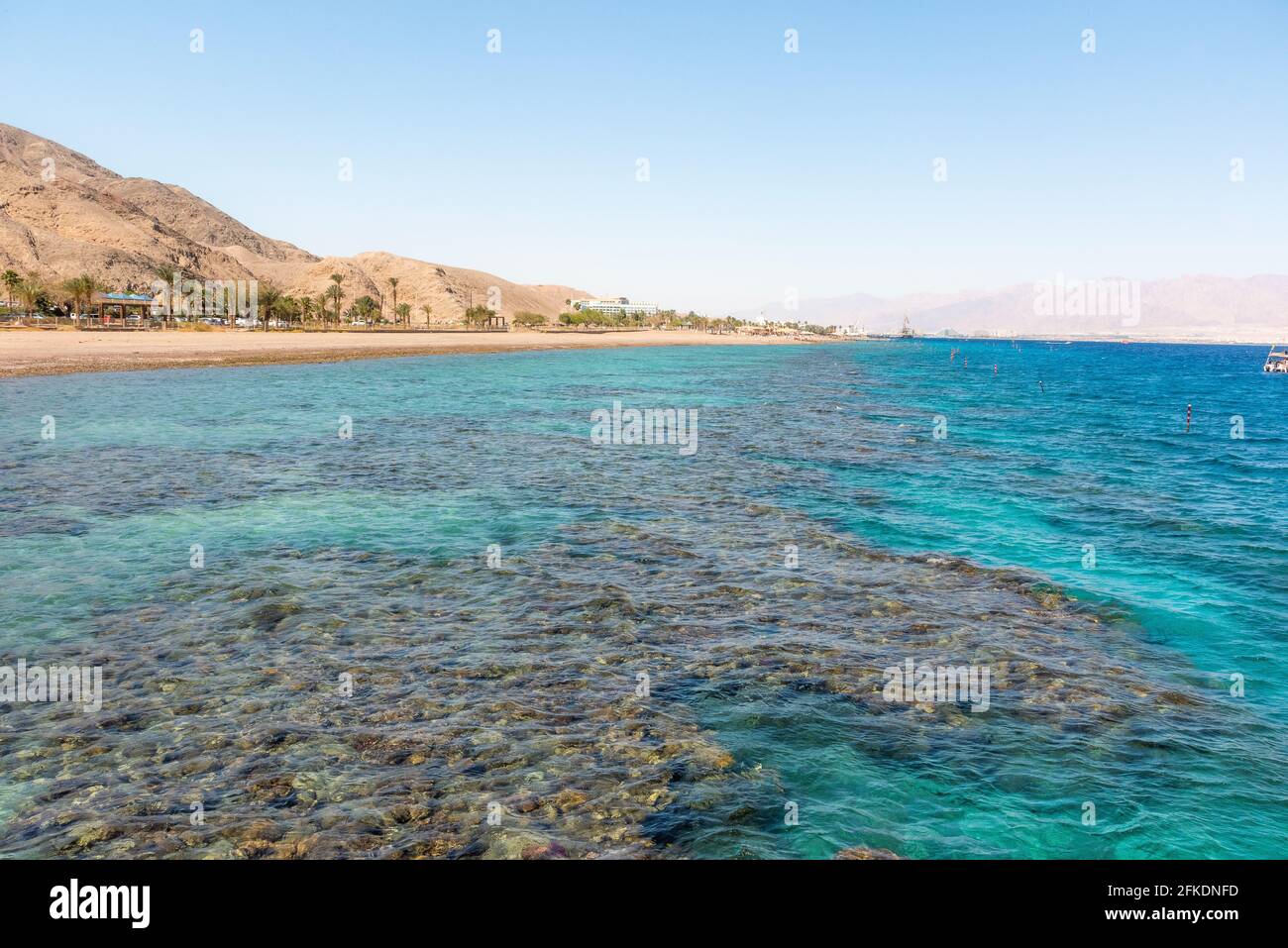A view of the coral reef above the water. The Red Sea. Beach in the city of Eilat, Israel High angel. High quality photo Stock Photo
