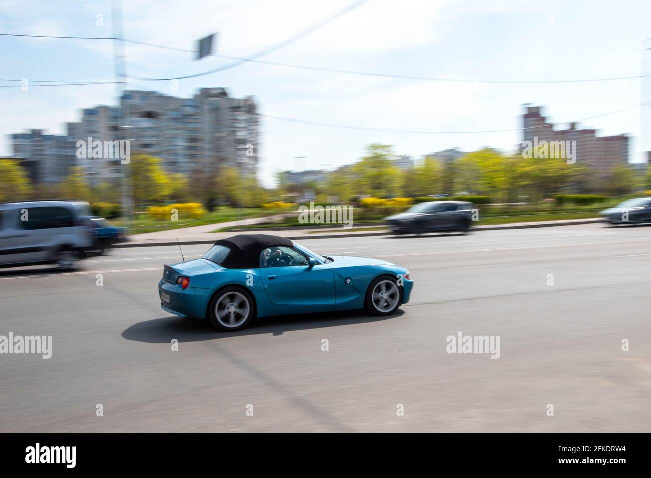 Ukraine, Kyiv 20 April 2021 Light Blue BMW Z4 car moving on the street. Editorial Stock Photo