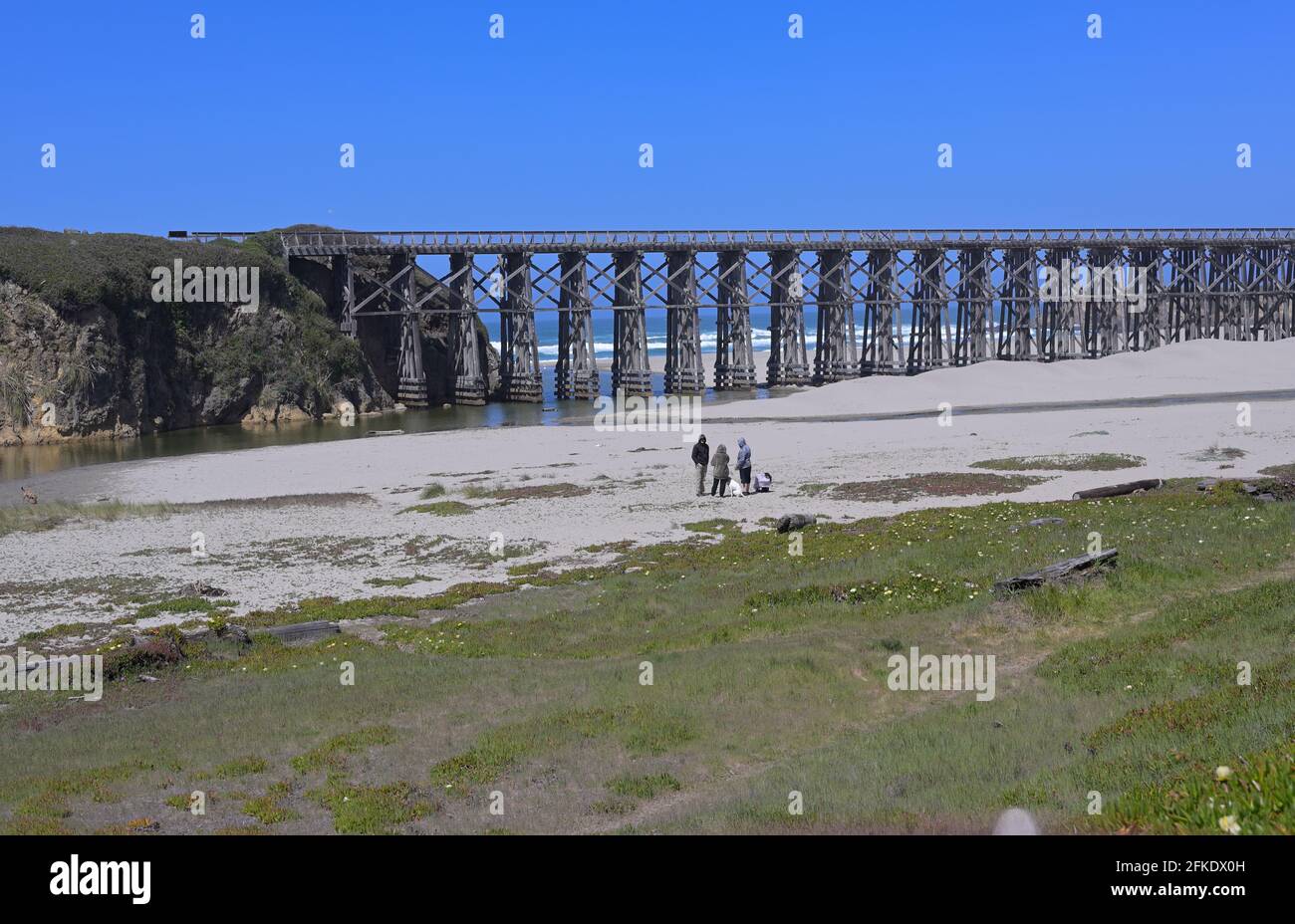 The historic train trestle at Pudding Creek beach, Fort Bragg CA Stock