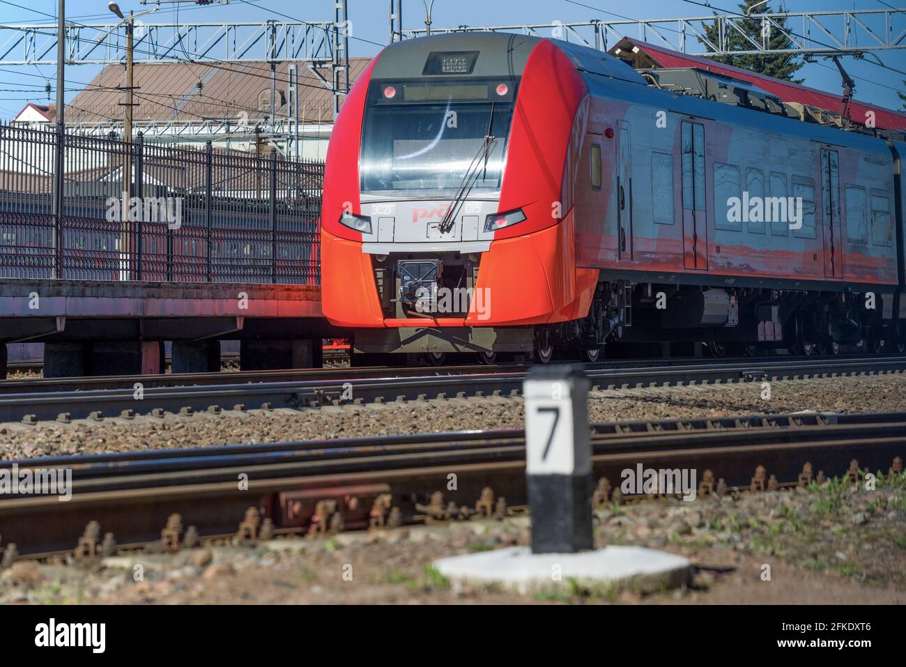 VYBORG, RUSSIA - MAY 09, 2018: The head car of the electric train ES2G close-up. Railway station of the city of Vyborg Stock Photo