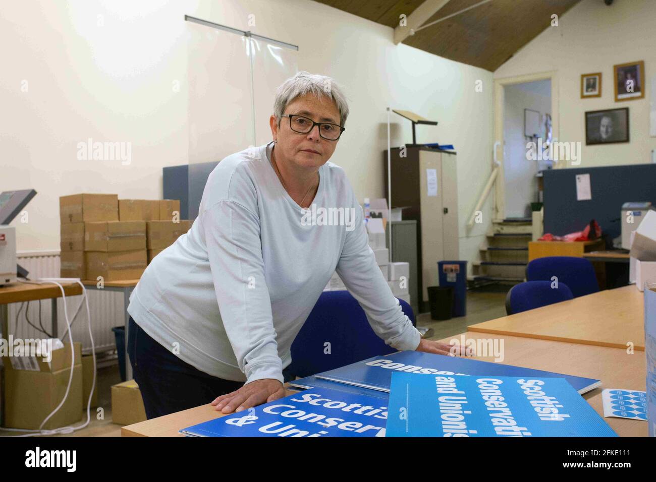 Annie Wells from the Scottish Conservative and Unionist Party in Glasgow spent time at the Conservative & Unionist Associationin in support of campaig Stock Photo