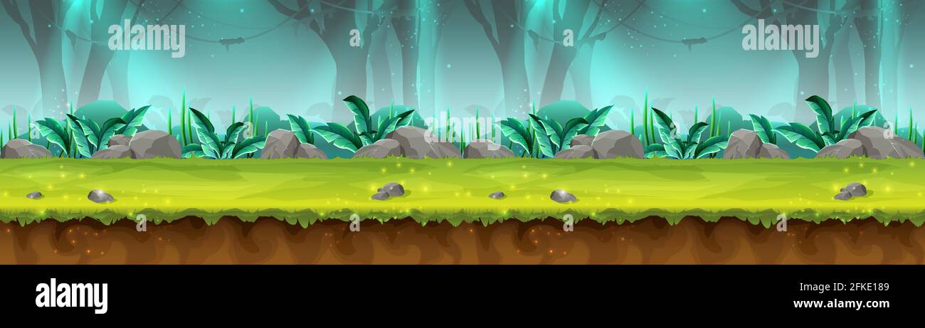 Big vector cartoon style seamless mystery rain forest illustration for game design, app, websites. Stock Vector