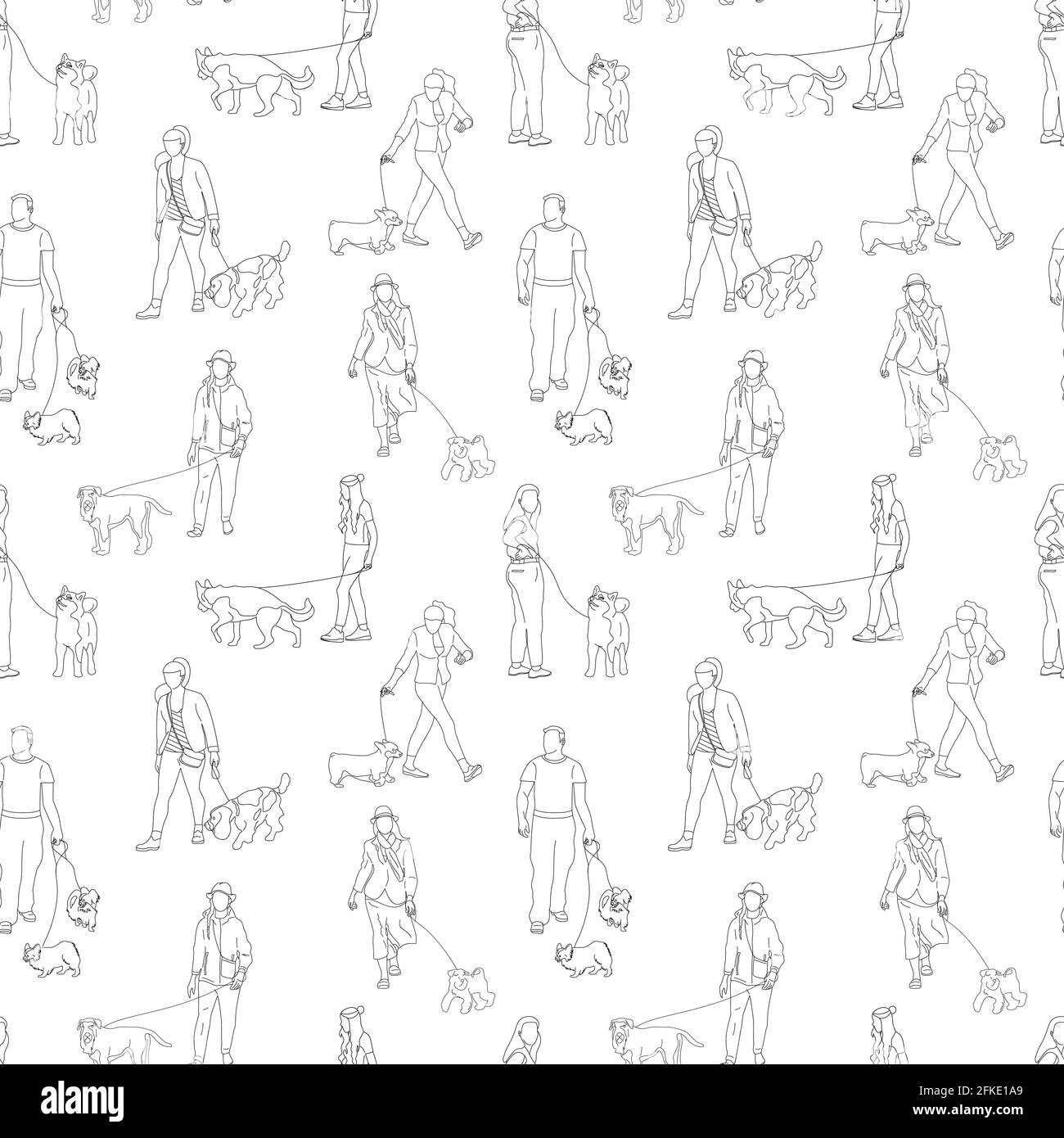 Black and white monochrome seamless pattern with many people walking with dogs. Line art. Stock Vector