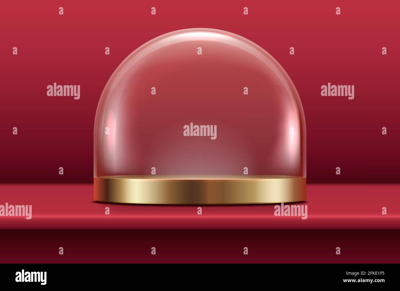 3d realistic vector glass globe stand with gold plate on red velvety background. Stock Vector