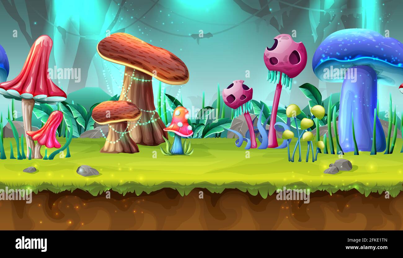 Vector cartoon style magic mushroom background. Stock Vector