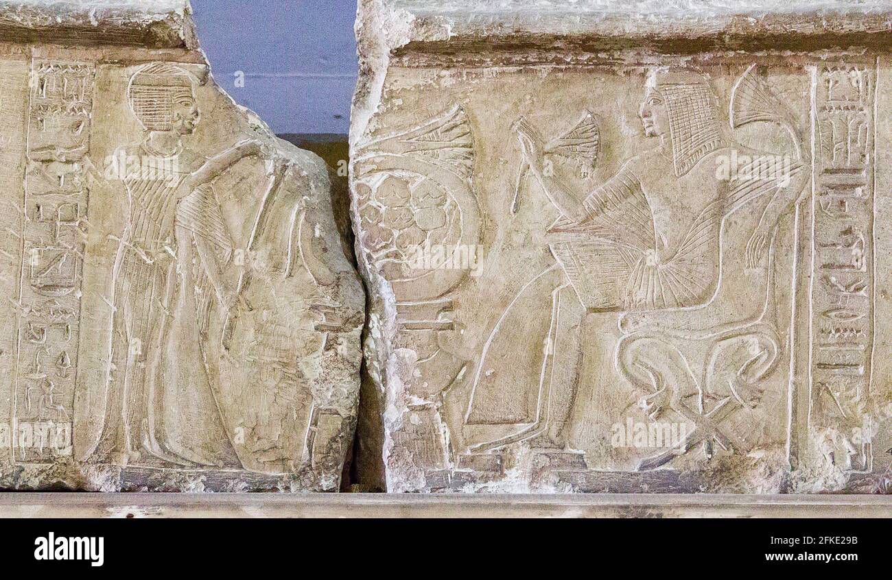 Cairo, Egyptian Museum, two fragments from lintel of Hor : Offerings to deceased. Stock Photo