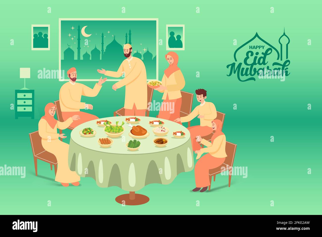 Happy eid mubarak Greeting card. muslim family having dinner together during Eid Mubarak in dining room at home Stock Vector