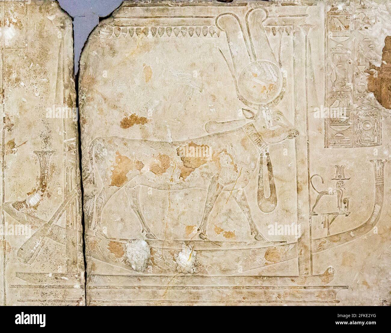 Cairo, Egyptian Museum, relief from the tomb of Maya, New Kingdom, Saqqara. The goddess Hathor, as a cow,  is in a barque, which is in a sledge shrine. Stock Photo