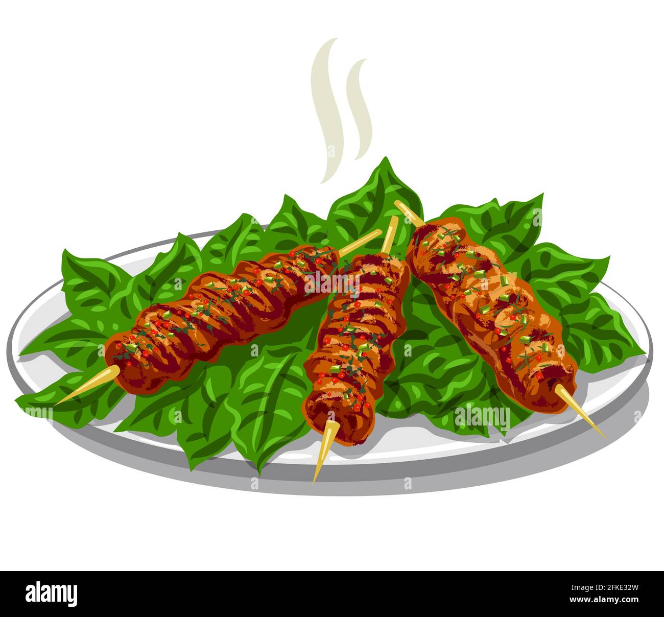 Illustration of the traditional turkish kofta kebab with greens on the plate Stock Vector