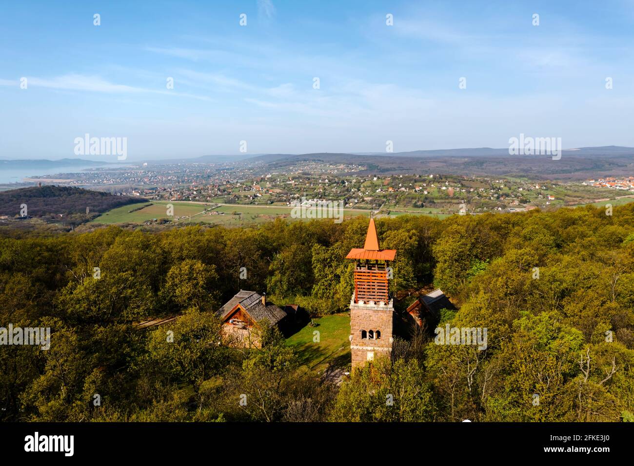 Csere hill lookout tower in Hungary next to lake balaton. Scenic viewpoint open on Alsoors,  Balatonalamadi and cities The buildings was renewed in 20 Stock Photo
