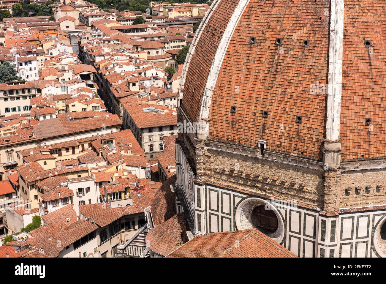 Aerial view of Florence, Italy. With Florence Duomo Cathedral. Basilica di Santa Maria del Fiore or Basilica of Saint Mary of the Flower. Stock Photo