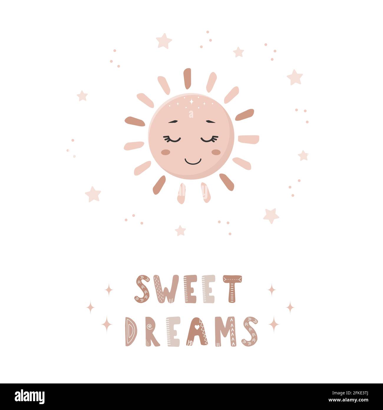 Cute hand drawn sun in boho style. Sweet dreams. Bohemian illustrations for holidays. Scandinavian design for wallpaper and home decor. Modern vector Stock Vector