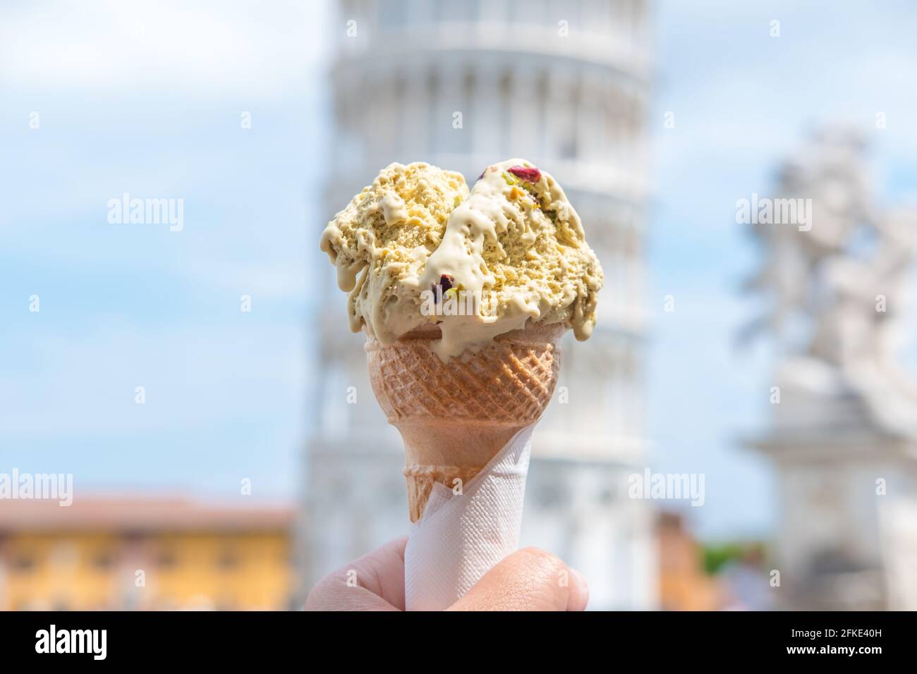 Gelato With Blurred Leaning Tower Of Pisa One Of The Most Famous Landmark In Italy In The Background Stock Photo Alamy