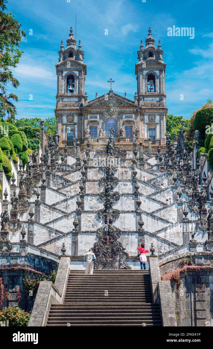 Braga, Braga District, Portugal.  Bom Jesus do Monte sanctuary.  The Baroque Stairway of the Five Senses.  Bom Jesus is a UNESCO World Heritage Site. Stock Photo
