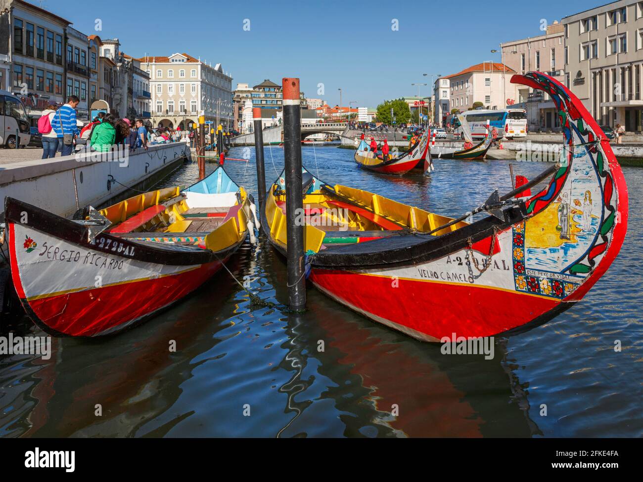 Aveiro, Aveiro District, Portugal.  Boats known as moliceiros traditionally used for fishing but now more likely used for tourist excursions. Stock Photo