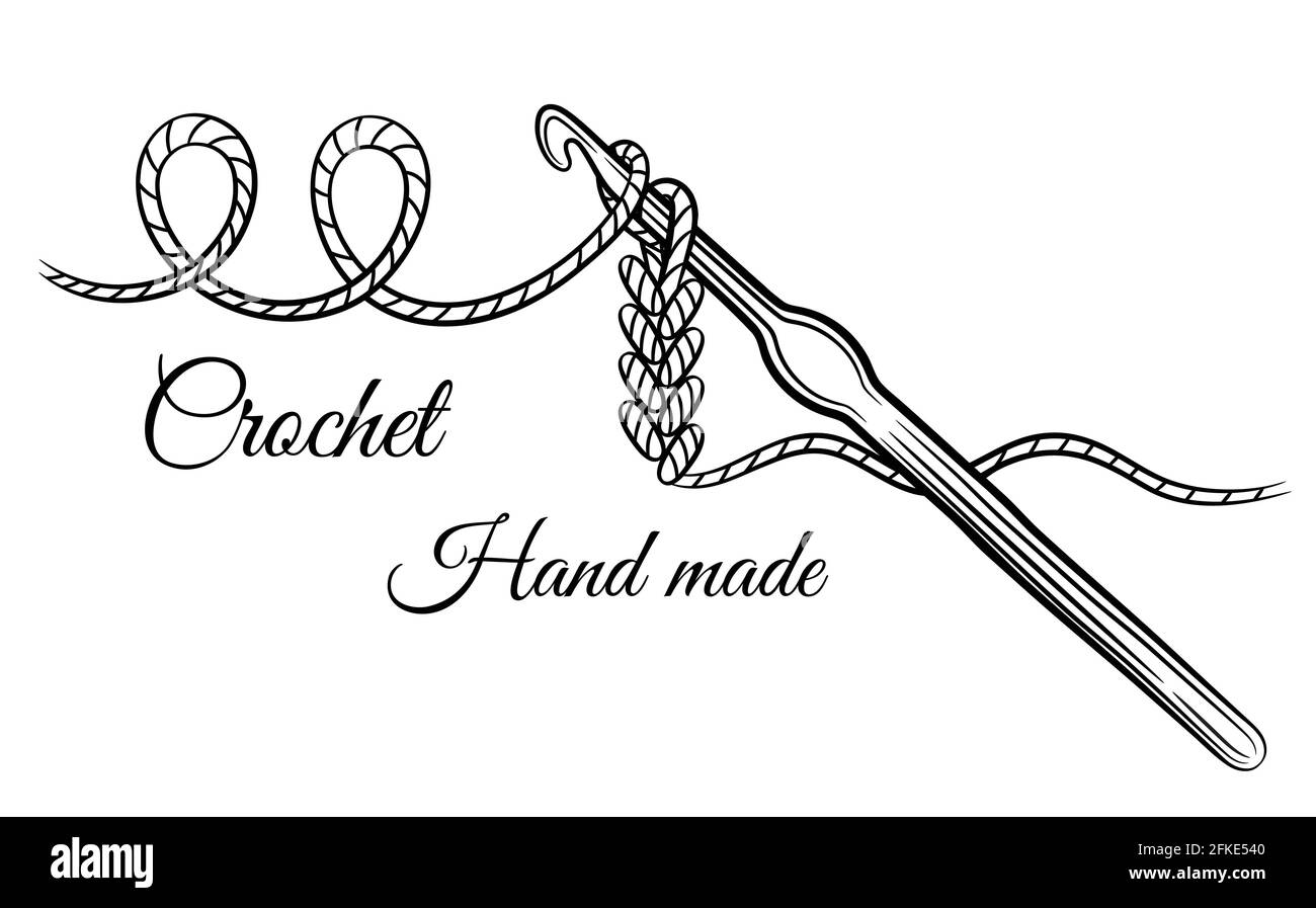 Crochet knitting. Crocheting hook with yarn thread. Accessory for hand made knit. Hobby making textile clothing. Needlework. Work of knitter. Vector Stock Vector