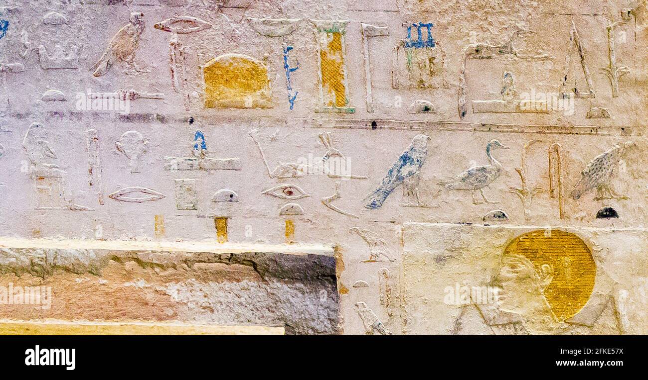 Egypt, Guizeh, tomb of the Queen Meresankh III, famous sentences : 'hotep di nysut' gift text and 'she who sees Horus and Seth'. Stock Photo