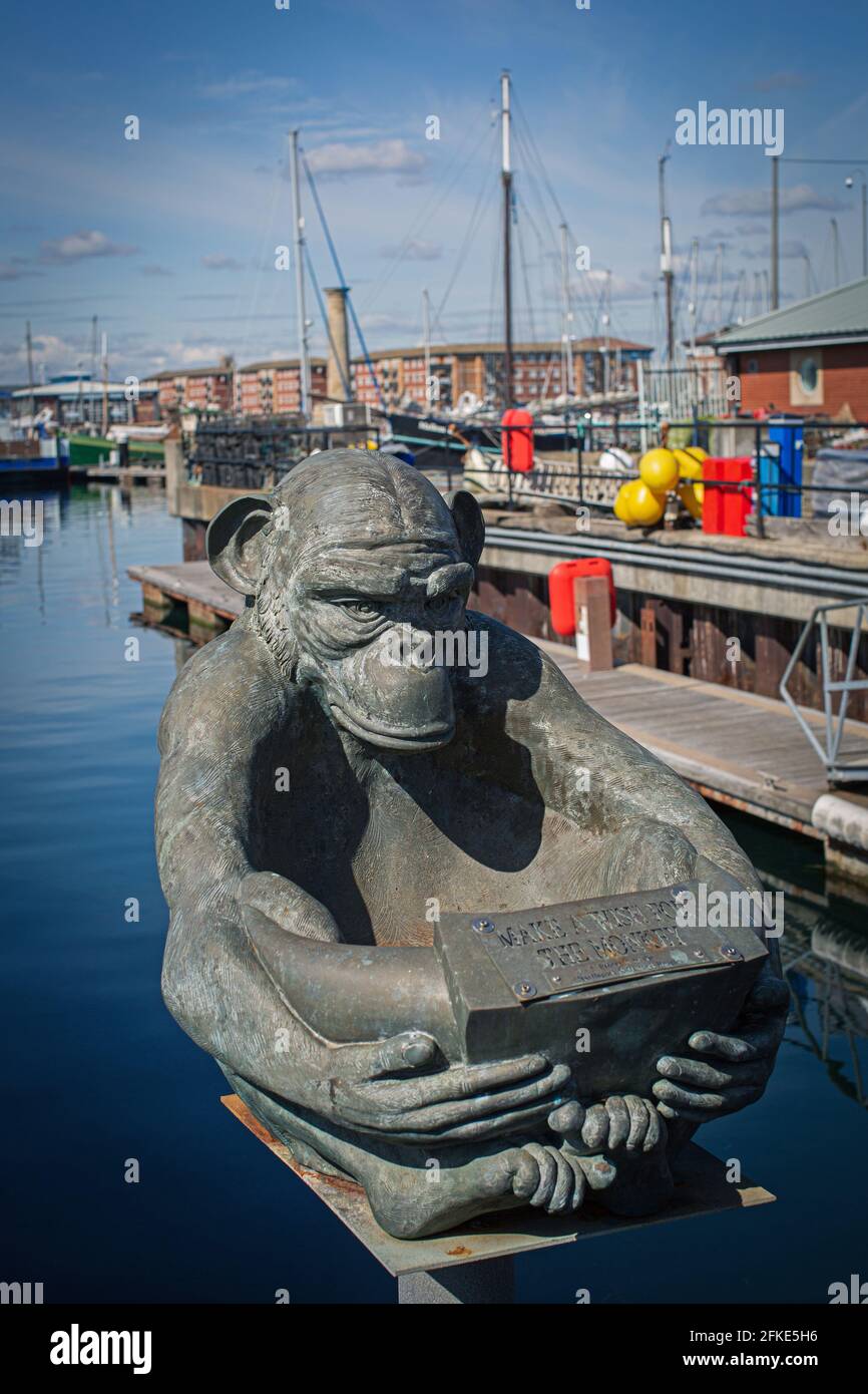 Statue of the monkey hanged as a French spy at Hartlepool England UK during the Napoleonic wars  . Stock Photo
