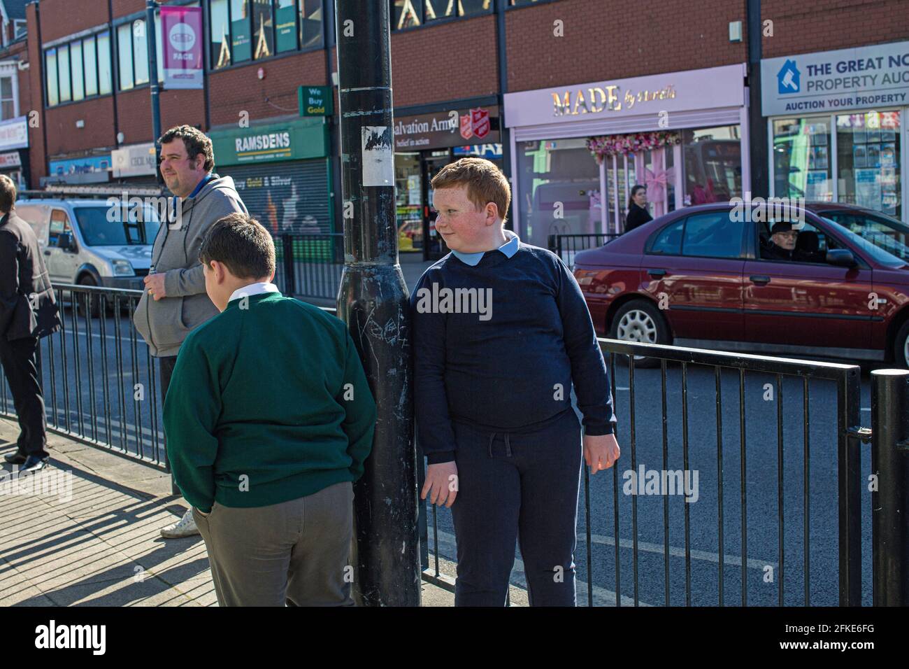 School boys  at the High Street in Hartlepool , England Stock Photo