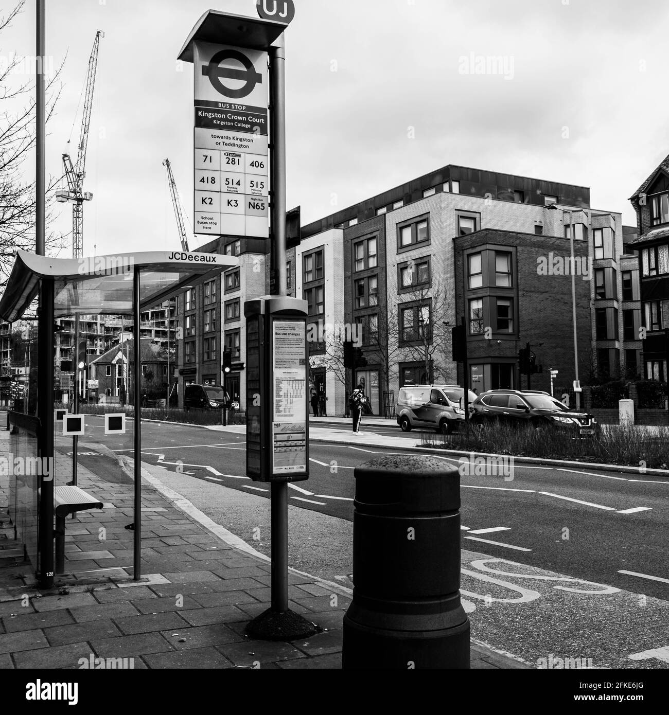 Kingston London UK, April 2021, Public Bus Stop And Shelter With No People During Coronavirus Covid-19 Lockdown Stock Photo