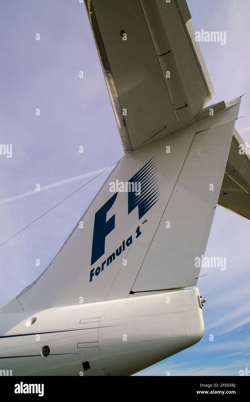 F1, Formula 1 tail markings on a BAe146 jet airliner plane used by F1  management to fly from Biggin Hill, Kent, UK. Tail logo, brand Stock Photo  - Alamy