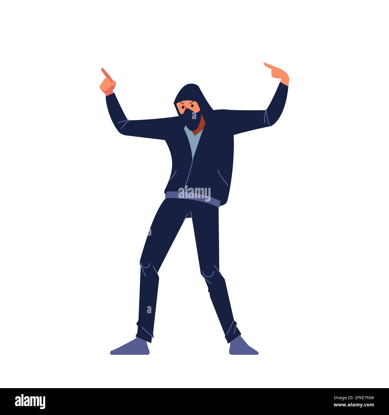 Radical Protestant in the mask represents the protesters against the authorities among the burning street fighting. Cartoon flat character vector Stock Vector