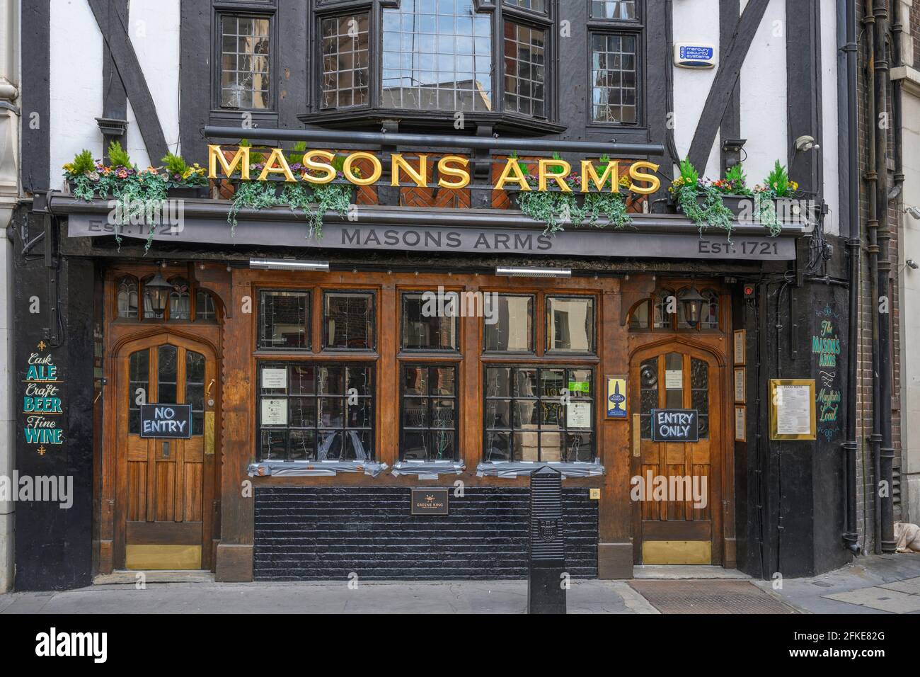 London, UK. 30 April 2021. The Masons Arms pub in Maddox Street during Covid lockdown. Stock Photo