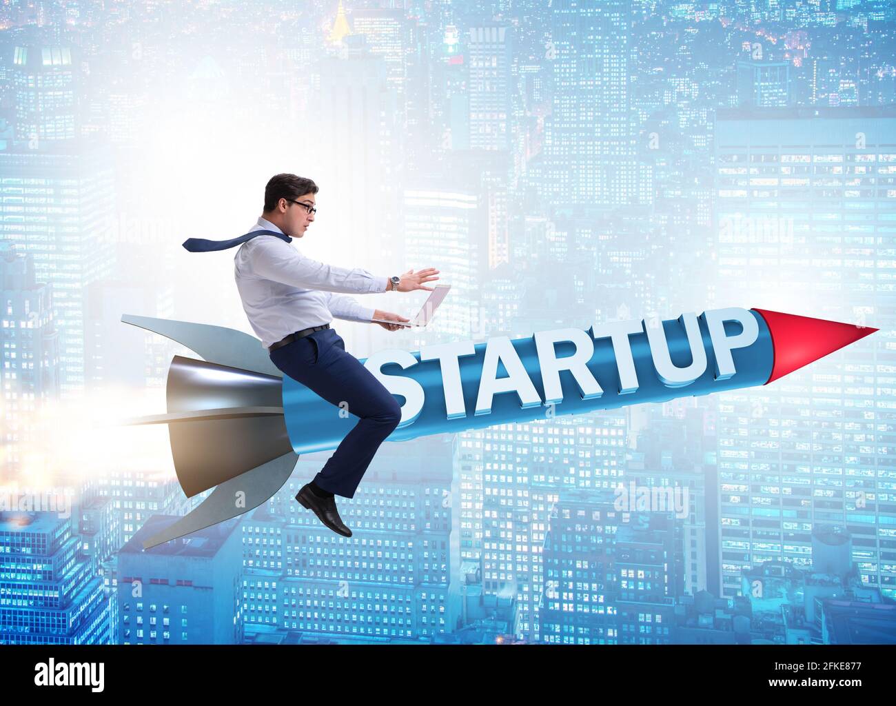 The businessman in start-up concept flying on rocket Stock Photo - Alamy