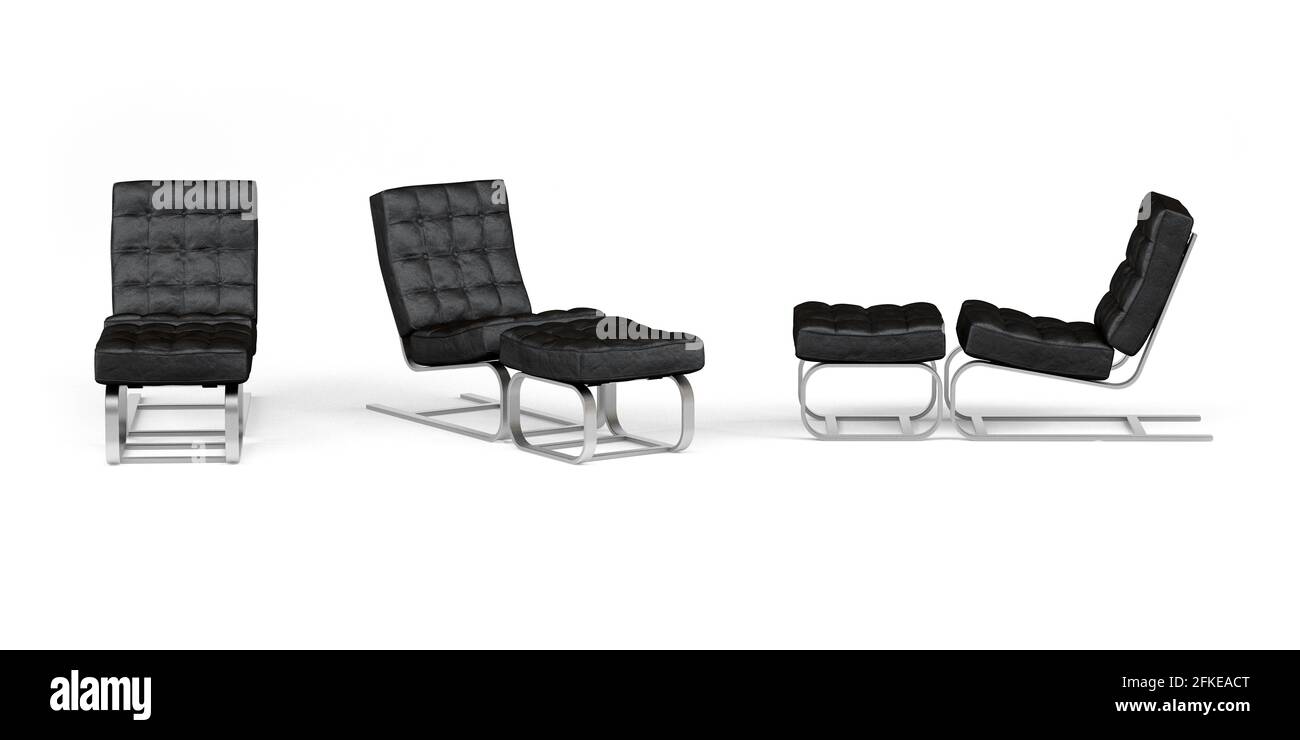 Black leather couch with metal legs isolated on white 3d render Stock