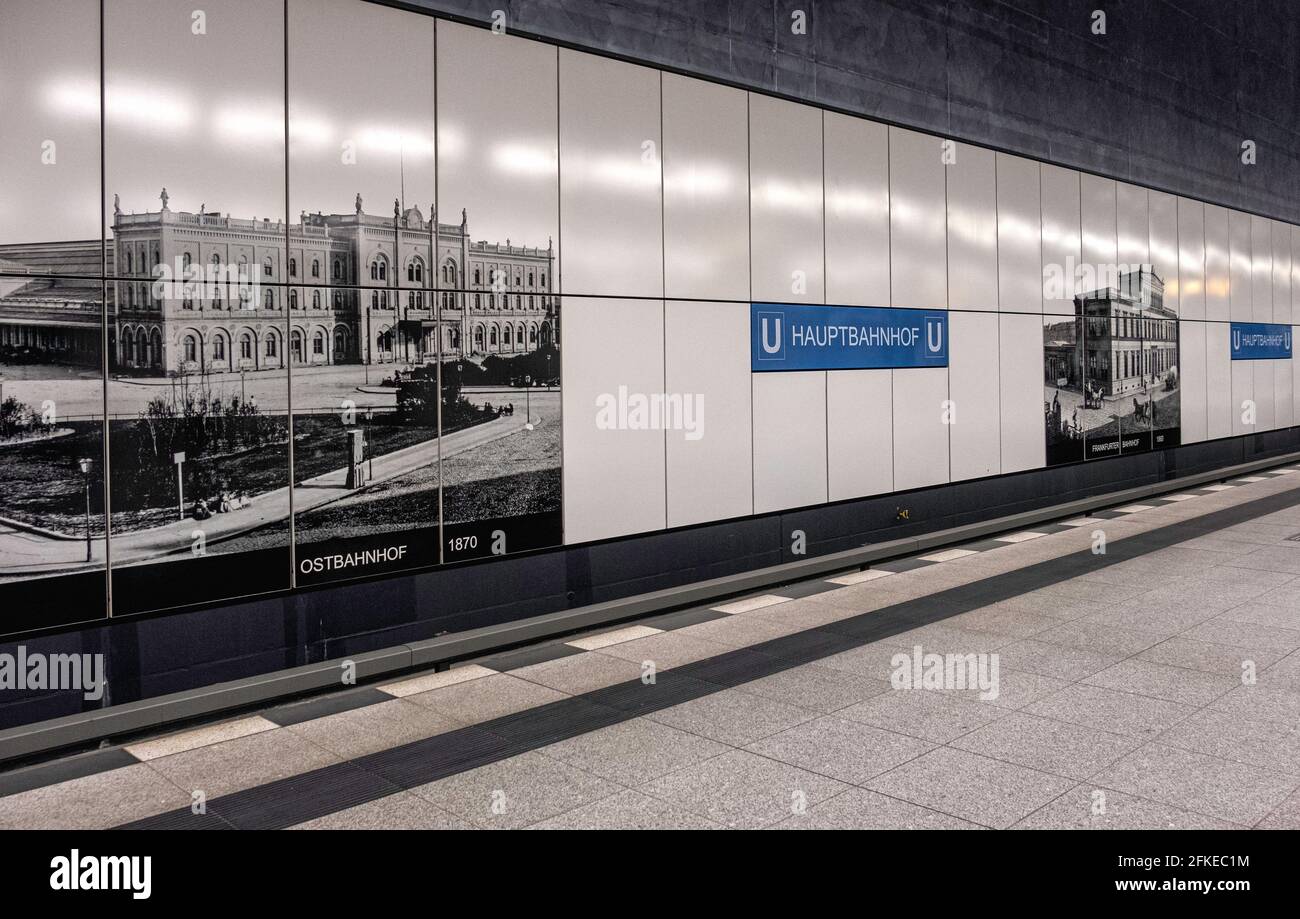 Berlin Hauptbahnhof railway station. Platform of U55 U-bahn railway line to the Brandenbutg Gate. Newest U-bahn line with white tiled walls & old hist Stock Photo