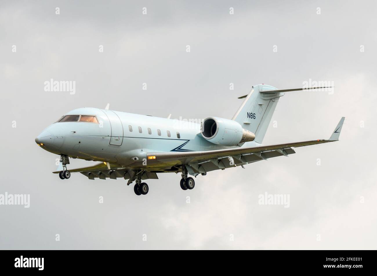 Bombardier Challenger 601 jet plane N86 of the Federal Aviation Administration landing at the Royal International Air Tattoo, RIAT, RAF Fairford, UK Stock Photo