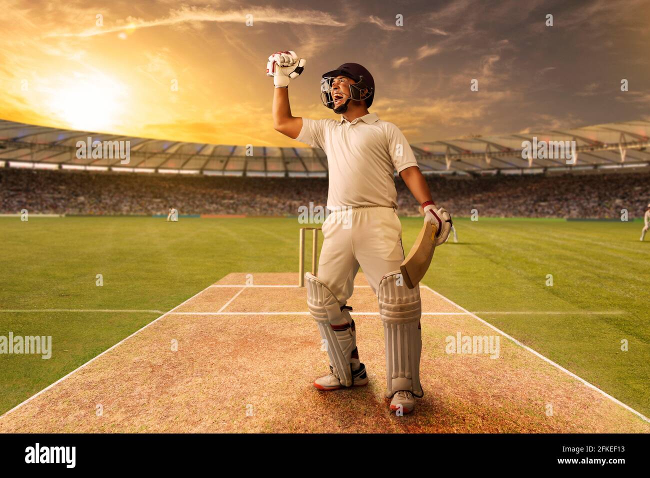 Cricketer, Batsman celebrating on the pitch during a match Stock Photo