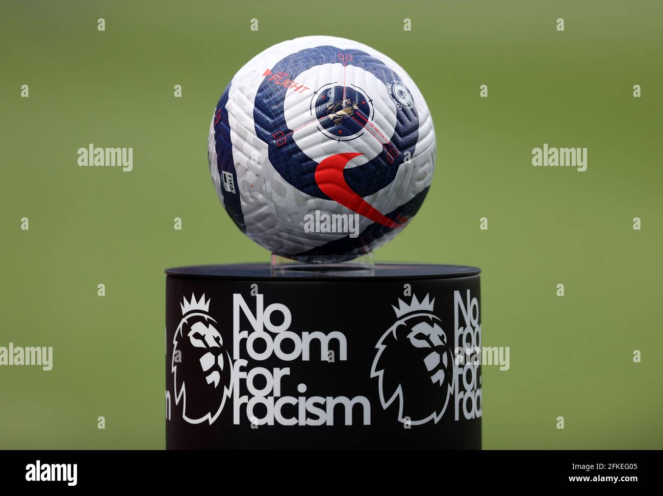 A view of a match ball on top of a plinth reading 'No room for racism' during the Premier League match at Selhurst Park, London. Issue date: Saturday May 1, 2021. Stock Photo