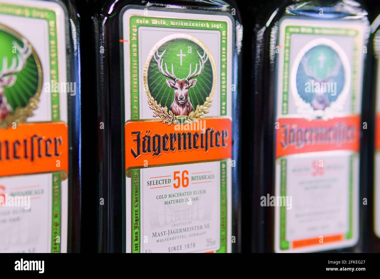 Green bottle of Jagermeister, bottom view, tasty popular German strong  liqueur infused with herbs. alcoholic drink which includes 56 botanical  ingredi Stock Photo - Alamy