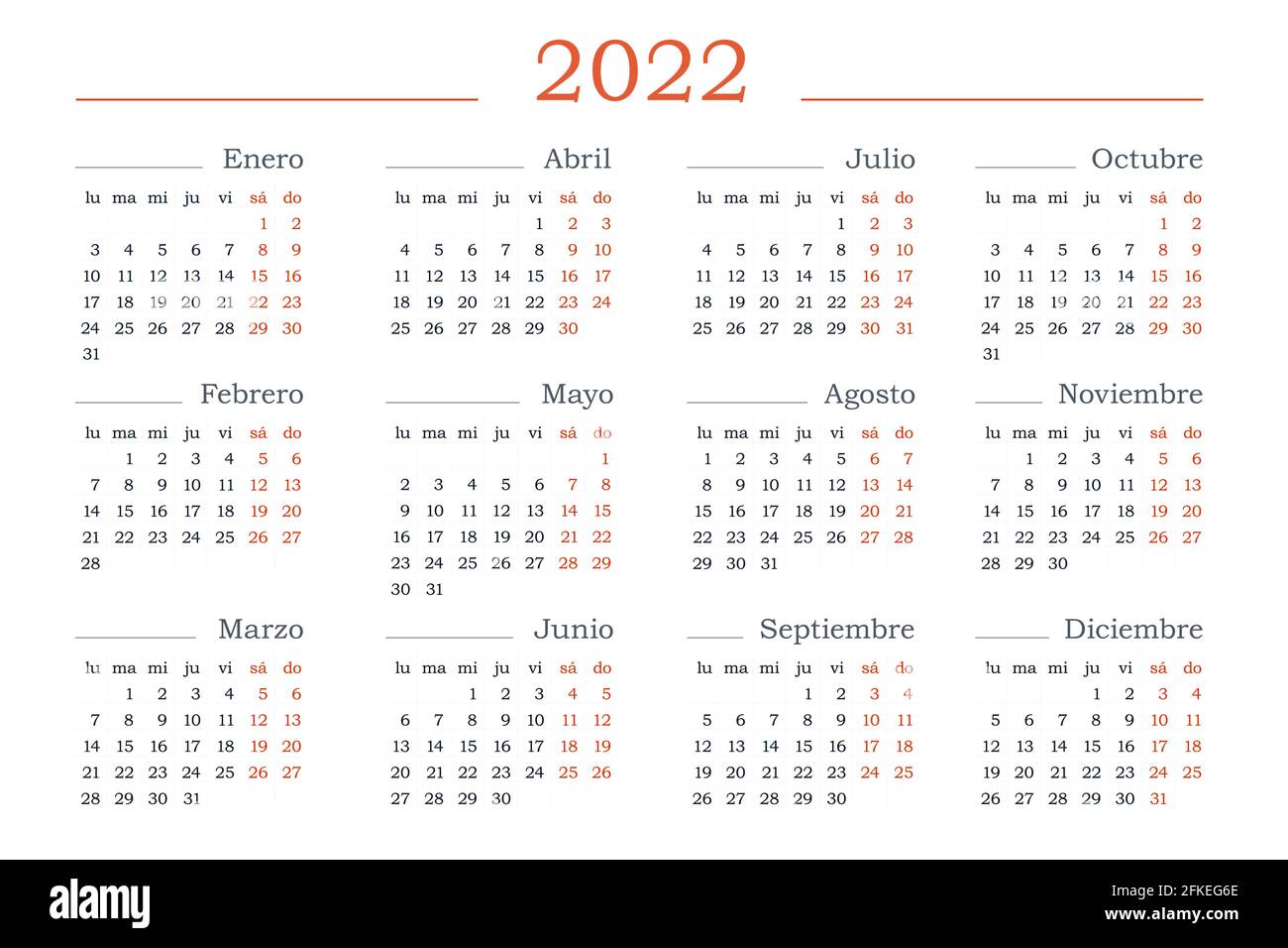 2022 year Calendar in Spanish. Horizontal Vector editable template. Simple and clean design Stock Vector