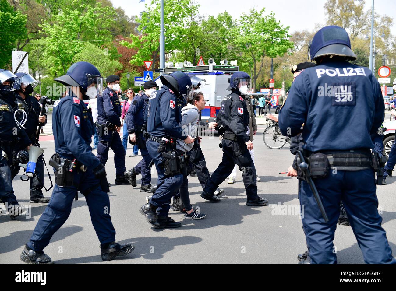 Vienna, Austria. 1st May 2021. Big demonstration day on May 1st in Vienna. The police are also expecting several unregistered demonstrations and will cordon off several streets in downtown Vienna for safety.   Credit: Franz Perc / Alamy Live News Stock Photo